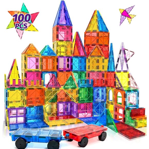 Other - 100PCS Magnetic Tiles Blocks for Kids Ages 3-5 4-8 with 2 Cars,STEM Learning Edu